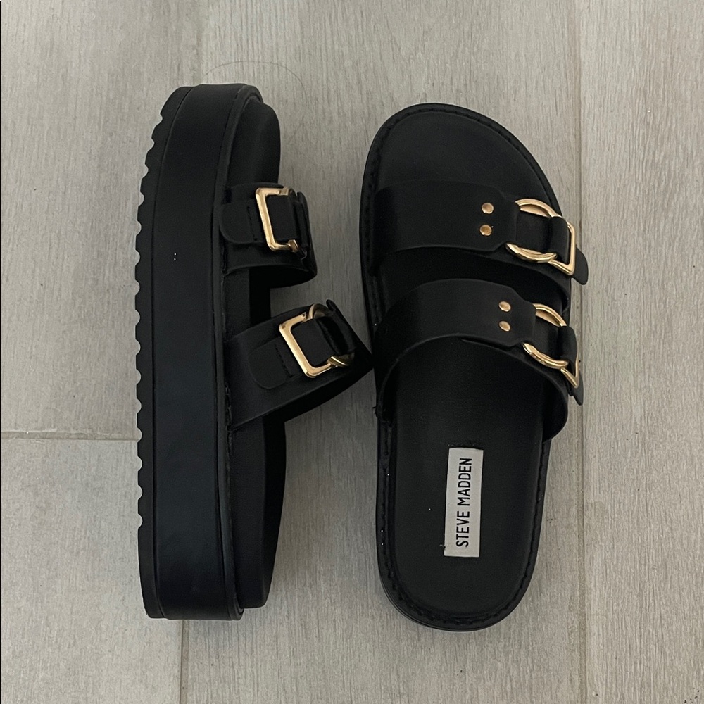 Steve Madden Brooklin Platform Black/Gold Slide Sandals SZ 7